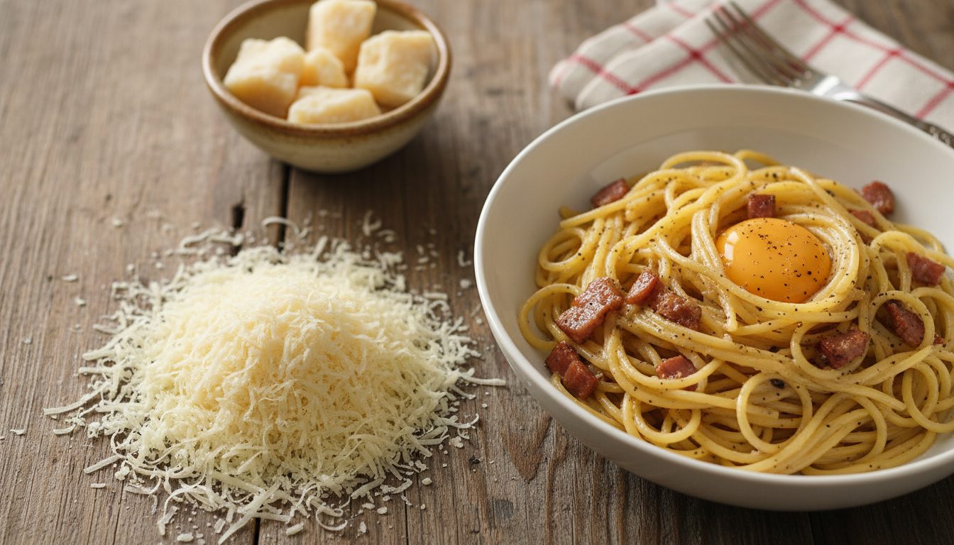 Close-up of freshly grated Parmigiano Reggiano next to a pasta dish, with cheese chunks in the background.