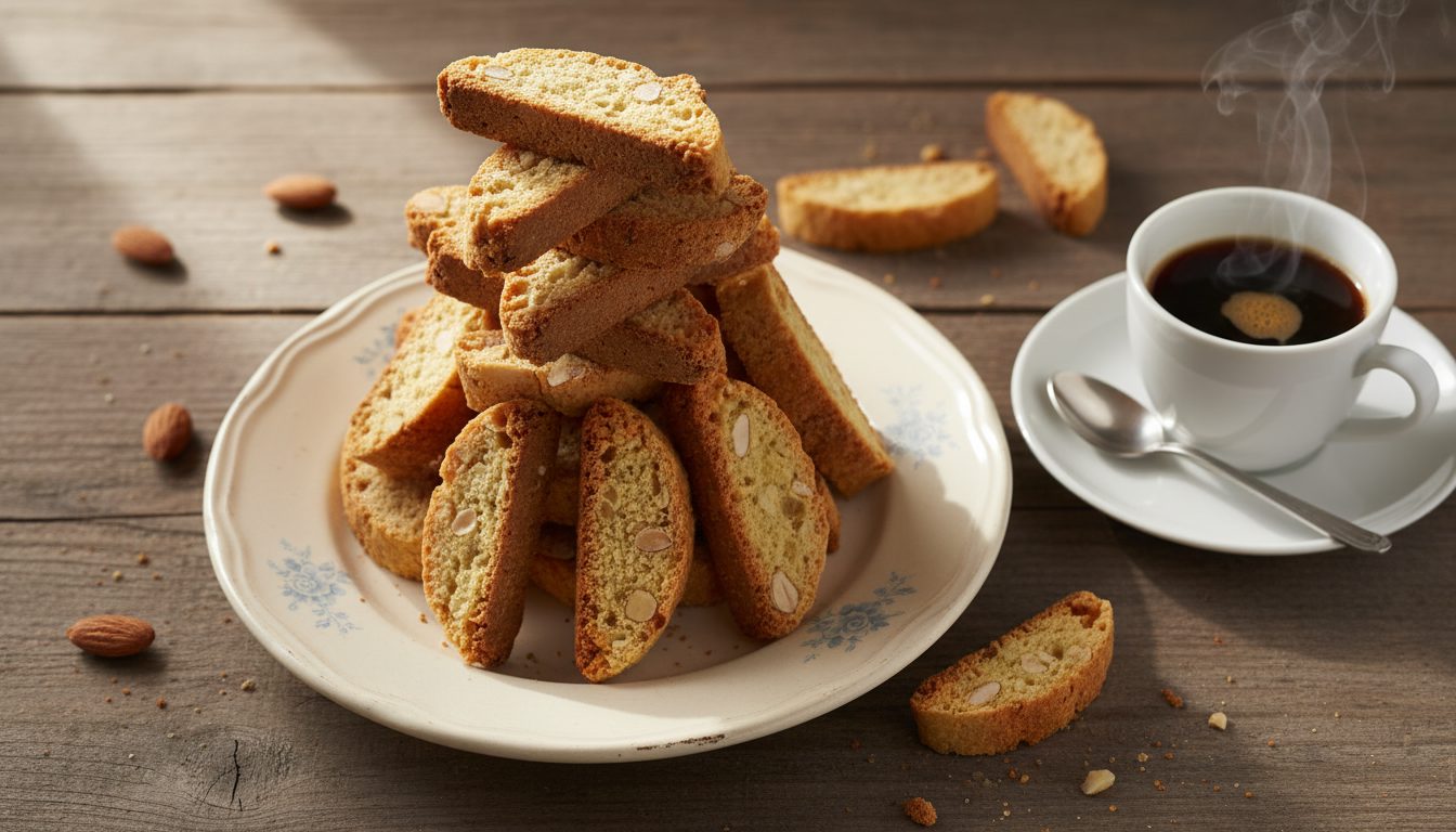 Готовые хрустящие кантуччи на тарелке с чашкой кофе