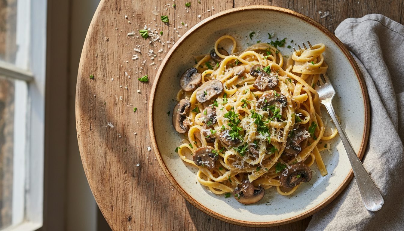 Тарелка пасты с грибами и сливками, украшенная петрушкой и пармезаном