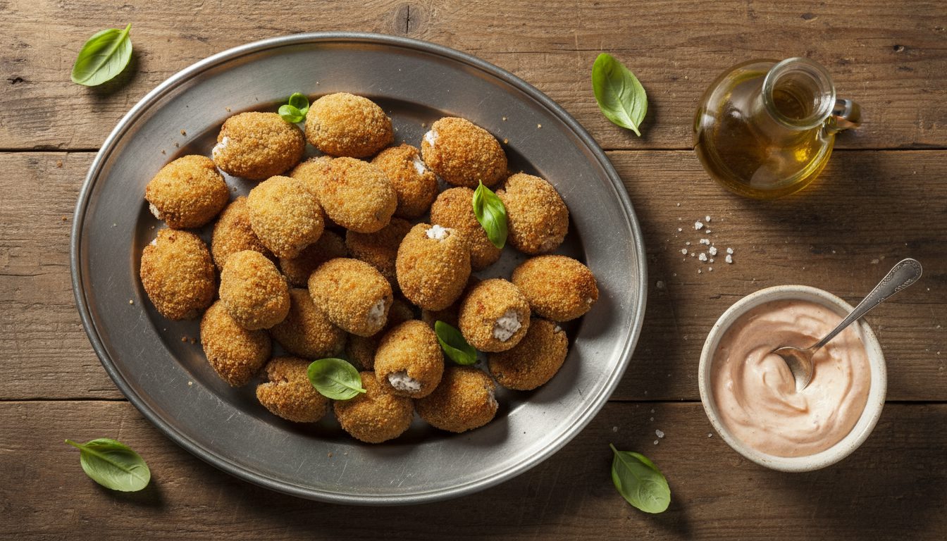 Platter of golden-fried Ascolana stuffed olives on a rustic wooden table