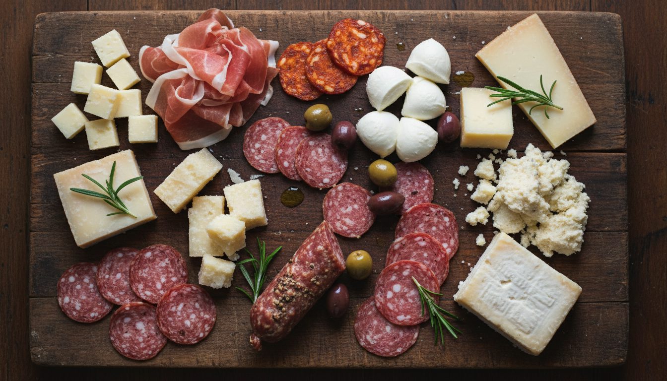 Сырная и мясная нарезка для антипасти, крупным планом, на деревянной доске при естественном свете.