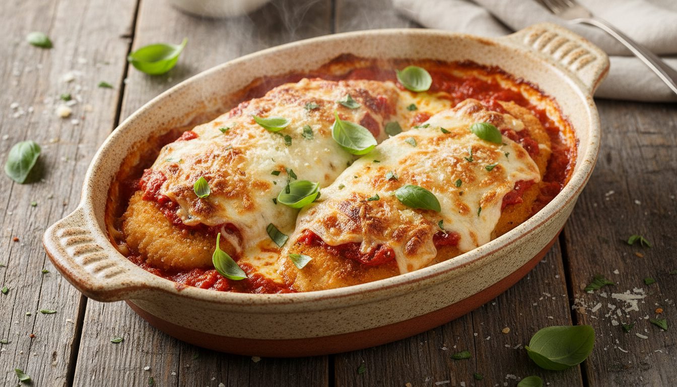 Запеченная курица Пармиджана в форме для выпечки с расплавленным сыром и соусом