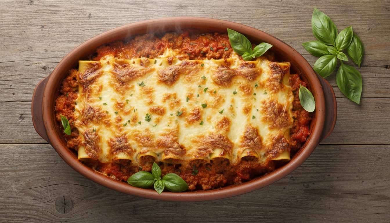 Аппетитные запеченные каннеллони с мясным фаршем и соусом бешамель.