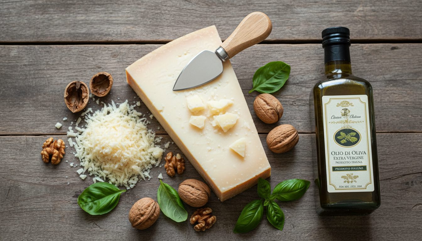 A large wedge of Parmigiano Reggiano cheese with a knife, walnuts, basil, and olive oil on a rustic wooden table.