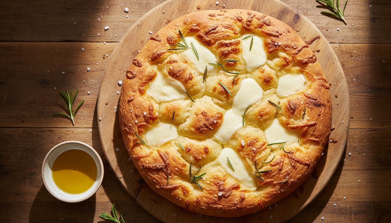 Свежеиспеченная фокачча с сыром и розмарином на деревянной доске, снятая сверху.