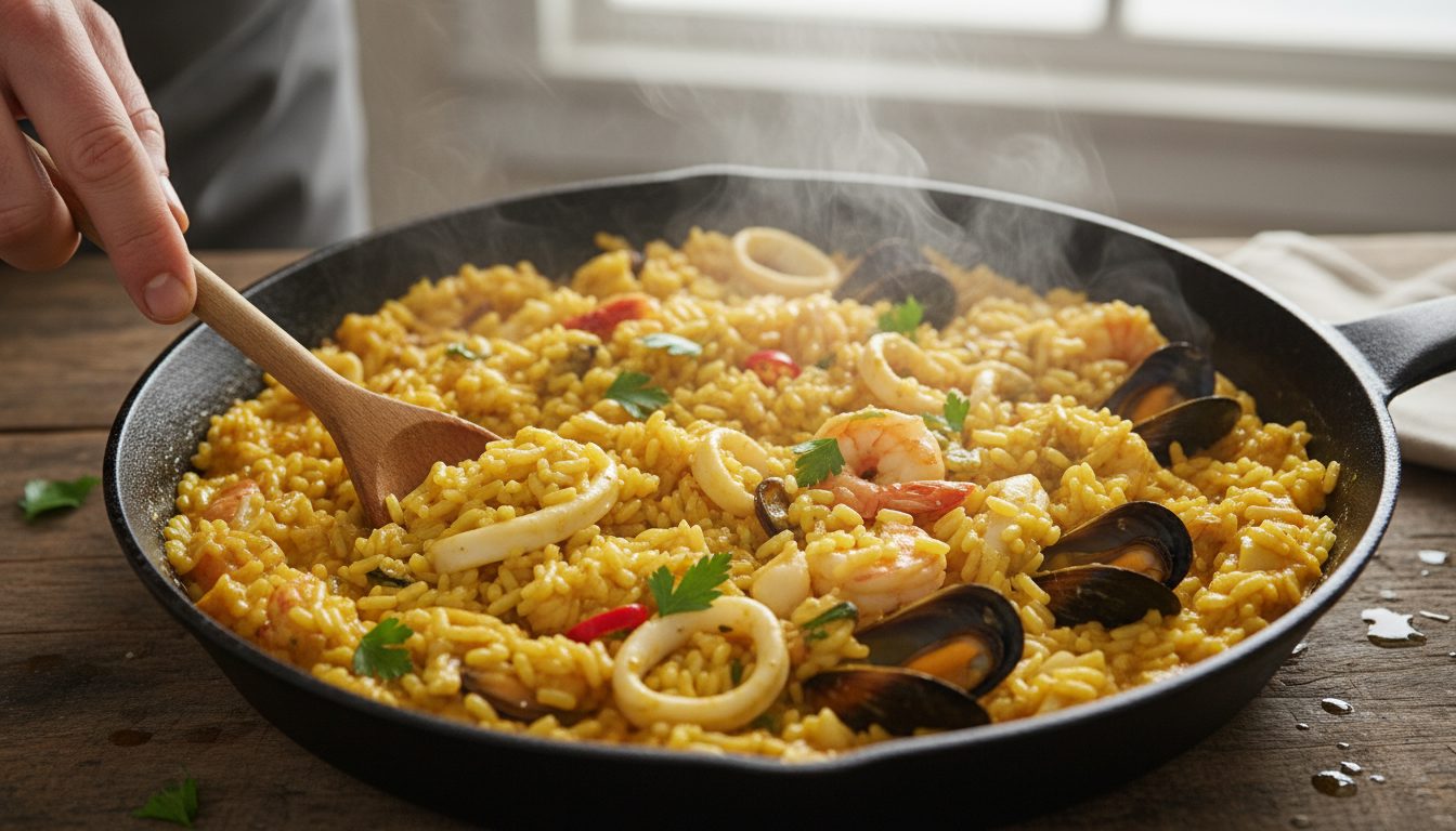 Приготовление ризотто: добавление морепродуктов и перемешивание