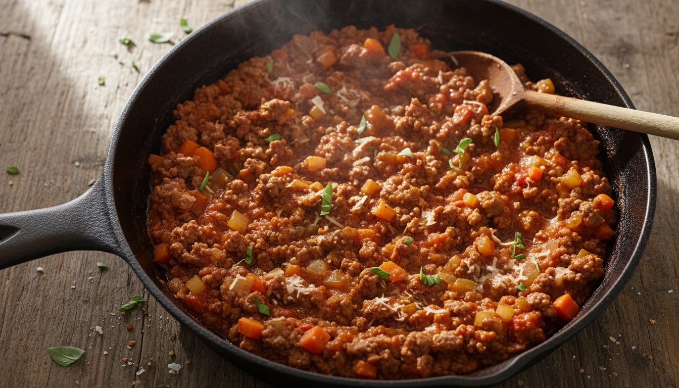Процесс приготовления мясной начинки для каннеллони.