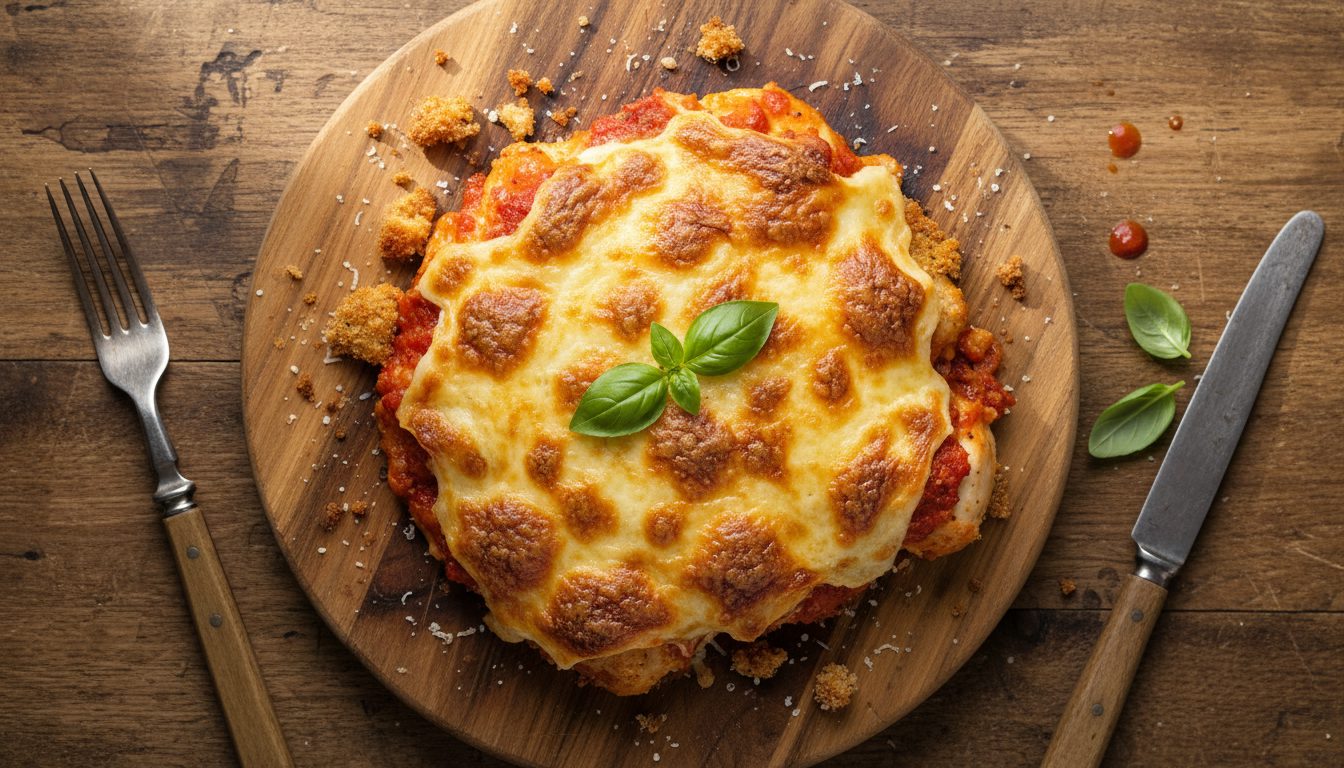 Готовая порция курицы Пармиджана с золотистой сырной корочкой