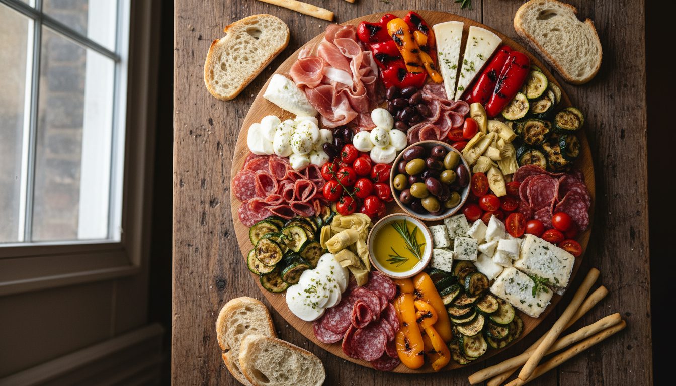 Изображение сверху: большая тарелка антипасти с мясными деликатесами, сырами, овощами на деревянном столе.