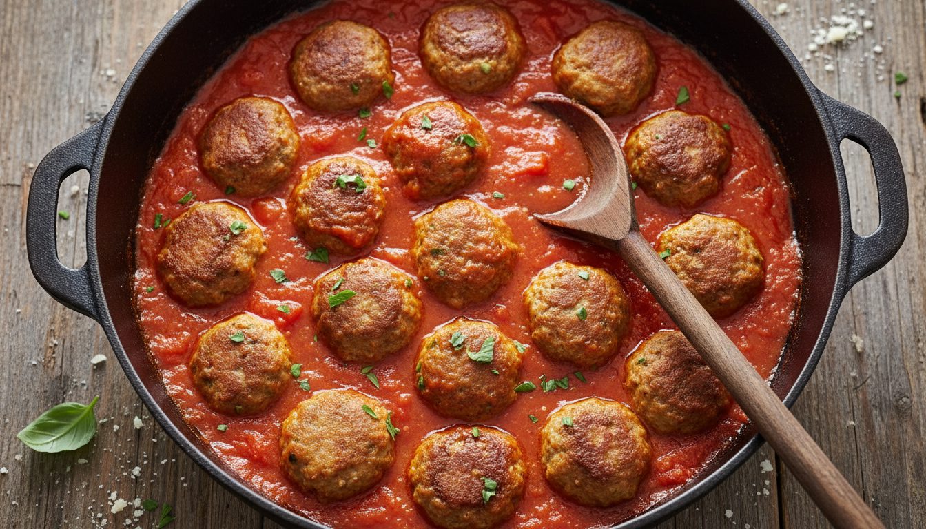 Мясные фрикадельки, тушащиеся в томатном соусе в чугунной кастрюле