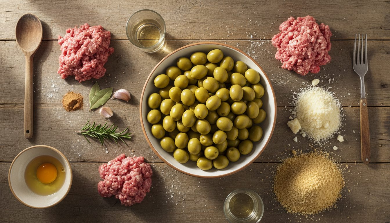 Ingredients for Ascolana stuffed olives on a wooden table