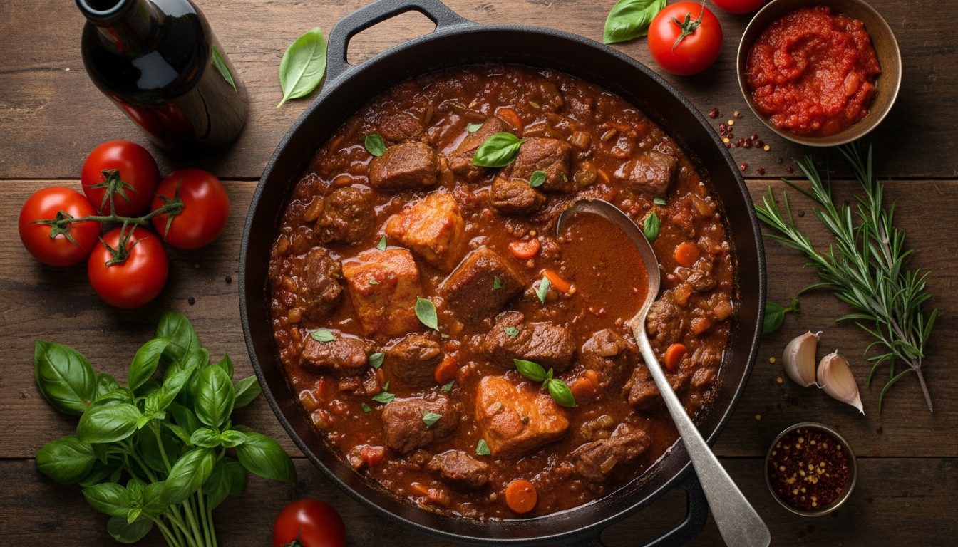 Медленно тушащееся мясное рагу в кастрюле, окруженное ингредиентами.